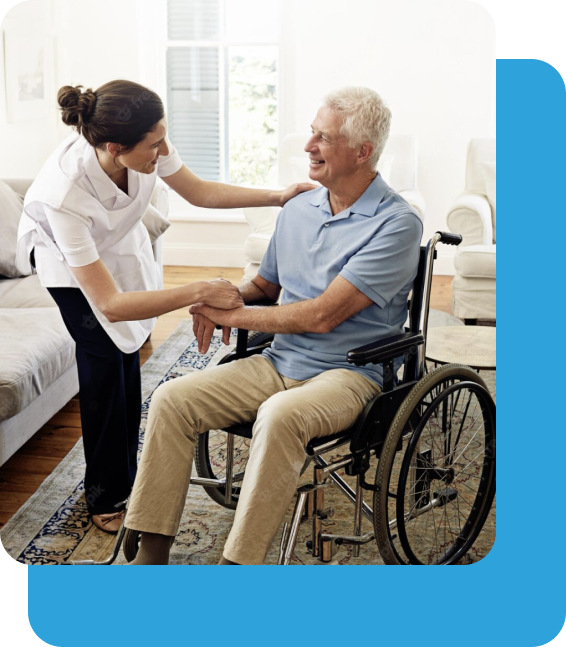 A home health care nurse kindly greeting an elderly gentleman in a wheelchair in his bedroom