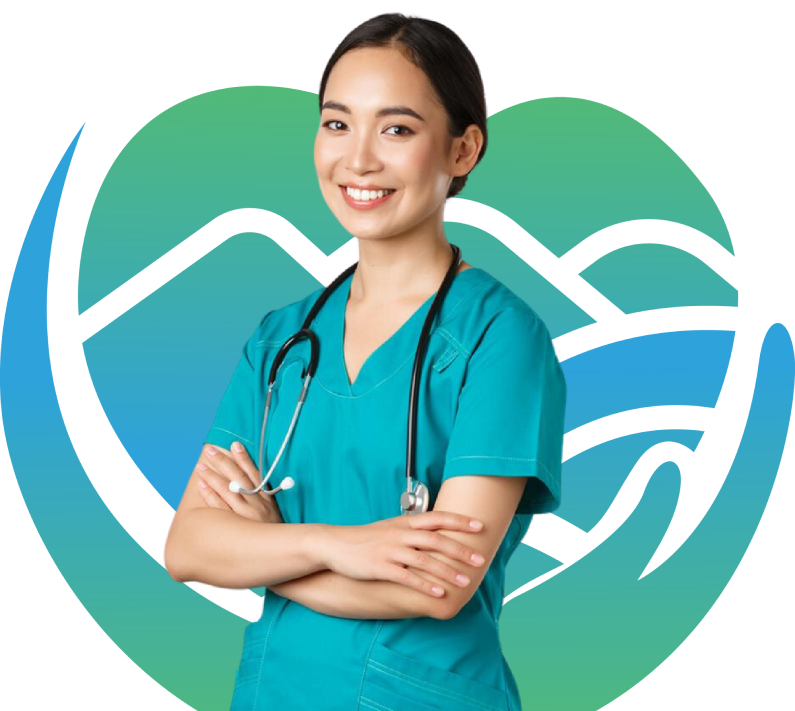 Nurse standing in front of the Prairie Hill Home Care Logo